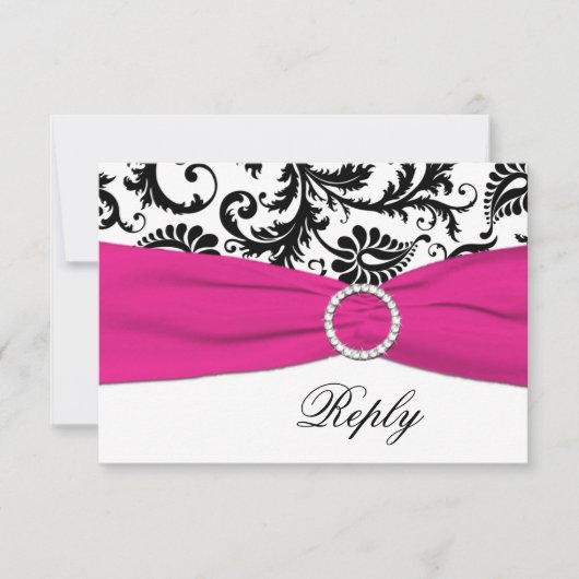 Black, White, Fuchsia Damask Reply Card RSVP Kaartje (Voorkant)