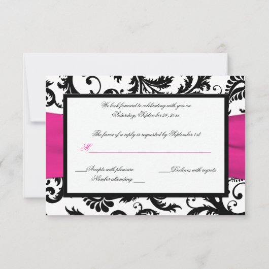 Black, White, Fuchsia Damask Reply Card RSVP Kaartje (Achterkant)