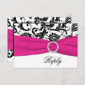 Black, White, Fuchsia Damask Reply Card RSVP Kaartje (Voorkant / Achterkant)