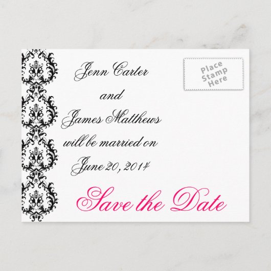 Black White Fuchsia Damask Wedding Aankondiging (Achterkant)