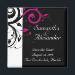 Black, White, Fuchsia Reverse Swirl Wedding Magnet<br><div class="desc">Vet en opvallend moderne,  hedendaagse zwarte bruiloft voor of sla de datummagneten op met witte en fuchsia / magenta accenten,  met een delicate zwenkrolblad met een achtergrond. Pas online uw trouwgegevens aan.</div>