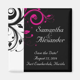 Black, White, Fuchsia Reverse Swirl Wedding Magnet