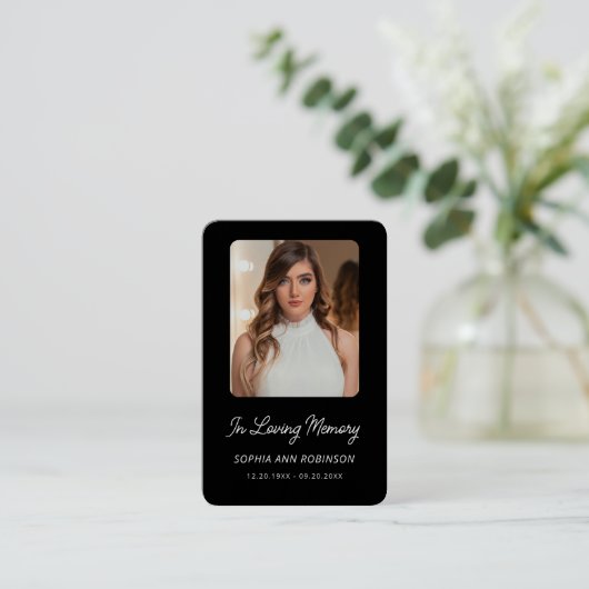 Black White Funeral Photo Memorial Prayer Card Visitekaartje (Staand voorkant)