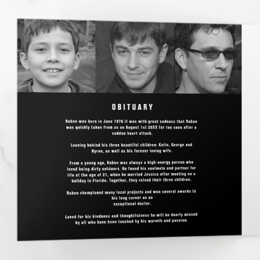 Black white Funeral service mono aangepaste foto's Drieluik Programma (Binnenzijde eerst)