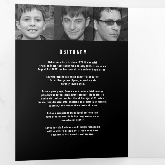 Black white Funeral service mono aangepaste foto's Drieluik Programma (Binnenzijde eerst)