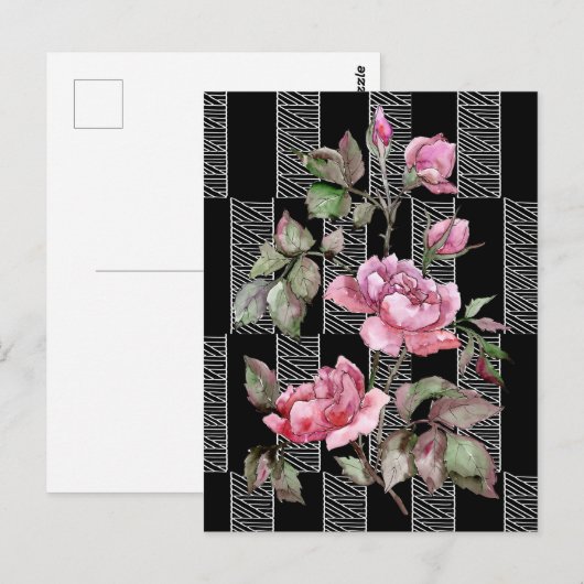 Black White Geometric Floral Postcaed Briefkaart (Voorkant / Achterkant)
