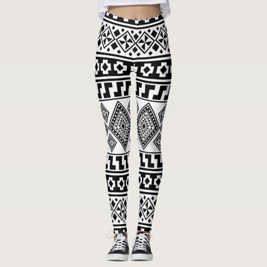 Black White Geometric Tribal Pattern Aztec Boho Leggings (Voorkant)