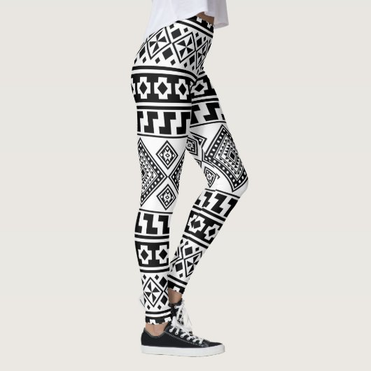 Black White Geometric Tribal Pattern Aztec Boho Leggings (Rechts)
