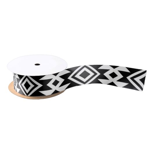 Black White Geometric Tribal Pattern Aztec Boho Satijnen Lint (Spoel)