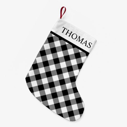 Black White Gingham Custom Name Kleine Kerstsok (Voorkant (Hangend))