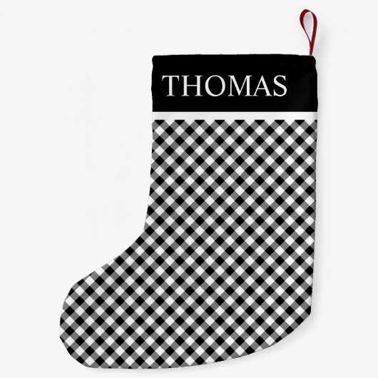 Black White Gingham Custom Name Kleine Kerstsok (Achterkant)
