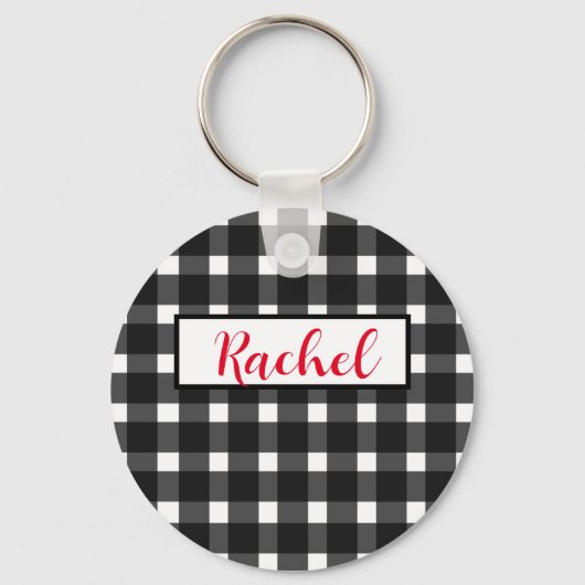 Black White Gingham Persoonlijk Sleutelhanger (Voorkant)