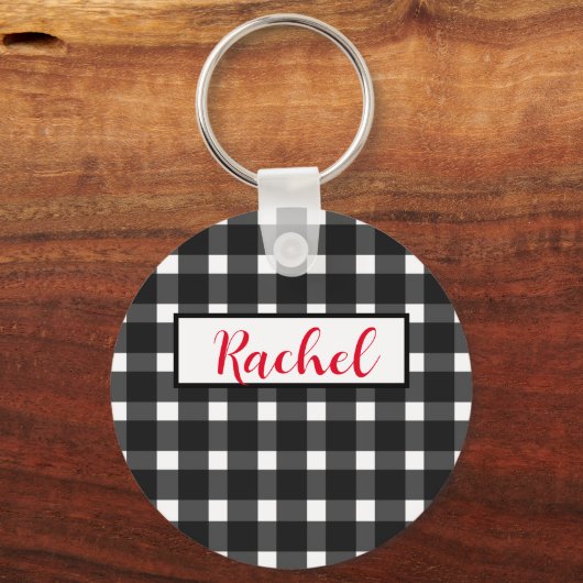 Black White Gingham Persoonlijk Sleutelhanger (Voorkant)