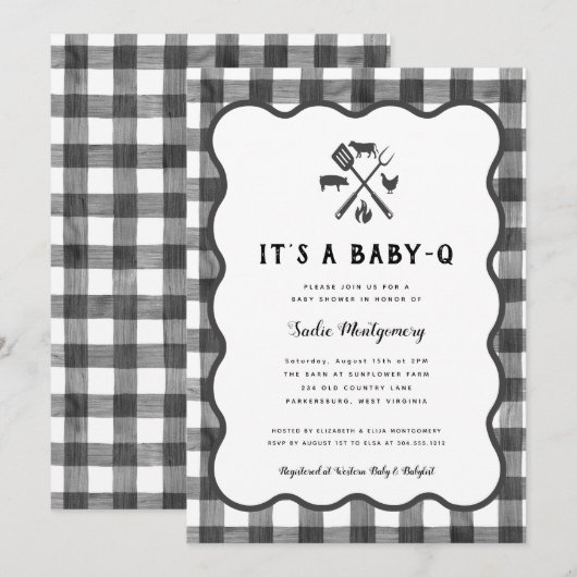 Black White Gingham Plaid Baby Q Baby shower Kaart (Voorkant / Achterkant)