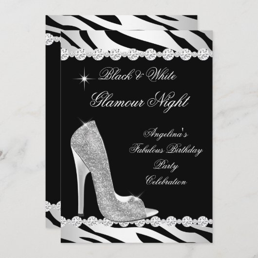 Black White Glamour Night Zebra Glitter Hiel Kaart (Voorkant / Achterkant)