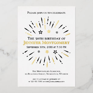 Black White Gold 50th Birthday Party Fireworks Folie Uitnodiging