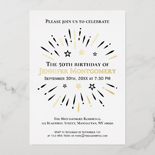 Black White Gold 50th Birthday Party Fireworks Folie Uitnodiging (Voorkant)