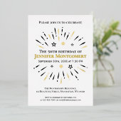 Black White Gold 50th Birthday Party Fireworks Folie Uitnodiging (Staand Voorkant)