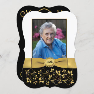 Black, White, Gold 65th Photo Birthday Invitation Kaart