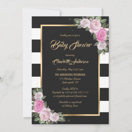 Black White Gold Blush Pink Floral Baby shower Kaart (Voorkant)
