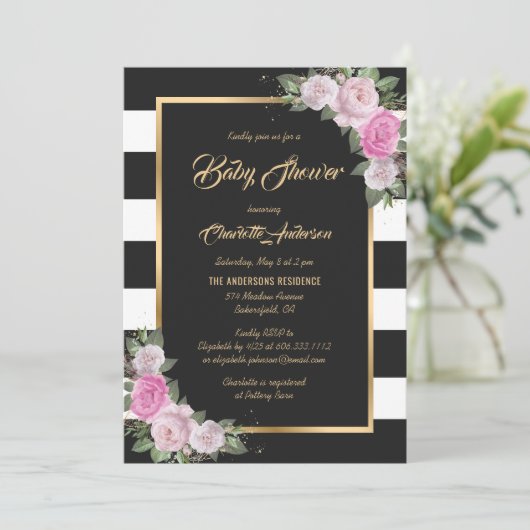 Black White Gold Blush Pink Floral Baby shower Kaart (Staand voorkant)