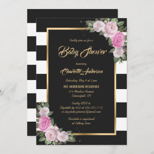 Black White Gold Blush Pink Floral Baby shower Kaart