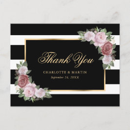 Black White Gold Blush Pink Floral bedankt Briefkaart