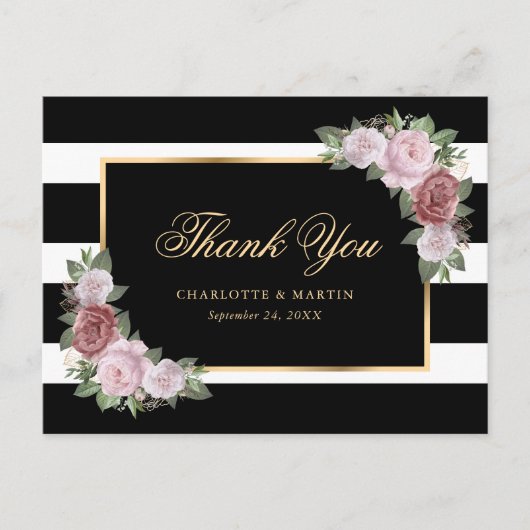 Black White Gold Blush Pink Floral bedankt Briefkaart (Voorkant)