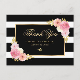 Black White Gold Blush Pink Floral bedankt Briefkaart