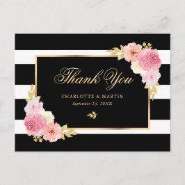 Black White Gold Blush Pink Floral bedankt Briefkaart