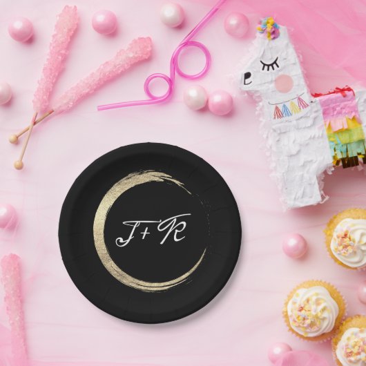 Black White Gold Circle Monogram Initialen Minimaa Papieren Bordje (Feest)