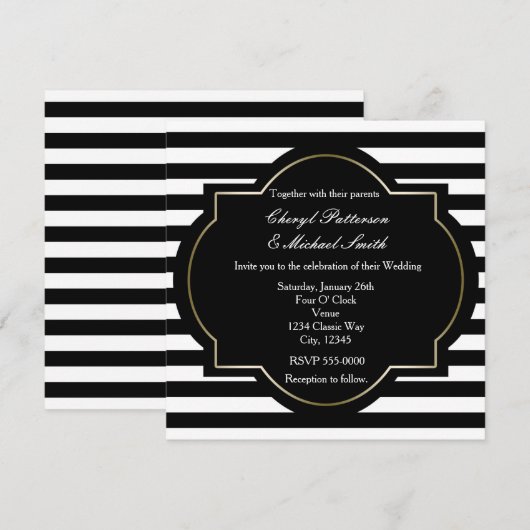 Black, White & Gold Classy Stripe Party Uitnodigin Kaart (Voorkant / Achterkant)