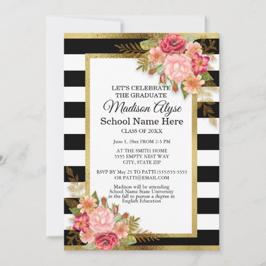 Black White Gold en Pink Floral Gradual Party Kaart (Voorkant)
