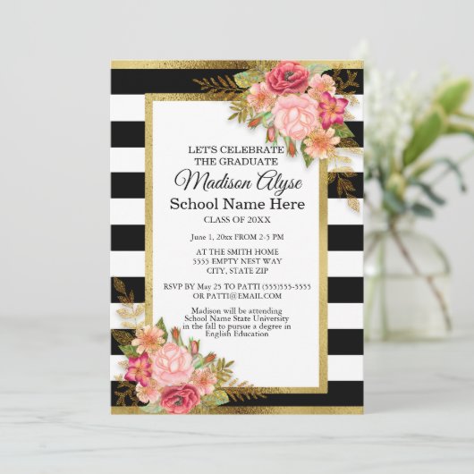 Black White Gold en Pink Floral Gradual Party Kaart (Staand voorkant)