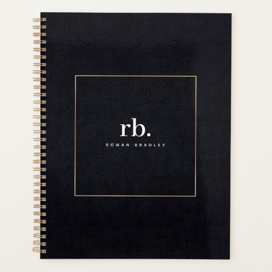 Black White Gold Fabric Effect Elegant Monogram Planner (Voorkant)