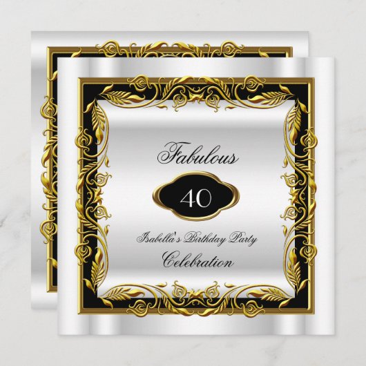 Black White Gold Fabulous 40th Elegant Birthday Kaart (Voorkant / Achterkant)