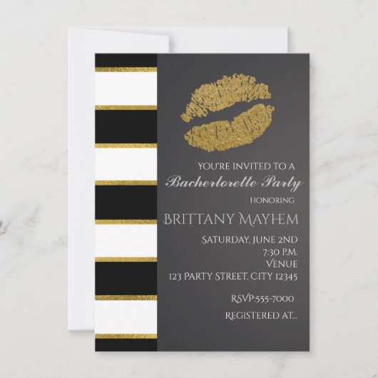 Black White & Gold Faux Shimmer Lips Kiss Party Kaart (Voorkant)