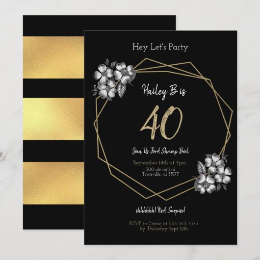 Black White & Gold  Floral 40e dag Kaart (Voorkant / Achterkant)