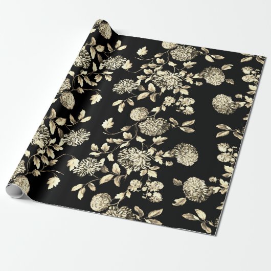 Black White Gold Floral Toile Cadeaupapier (Uitgerold)
