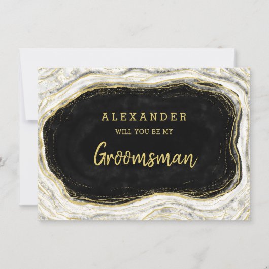 Black White & Gold Geode Groomsman-voorstel Kaart (Voorkant)