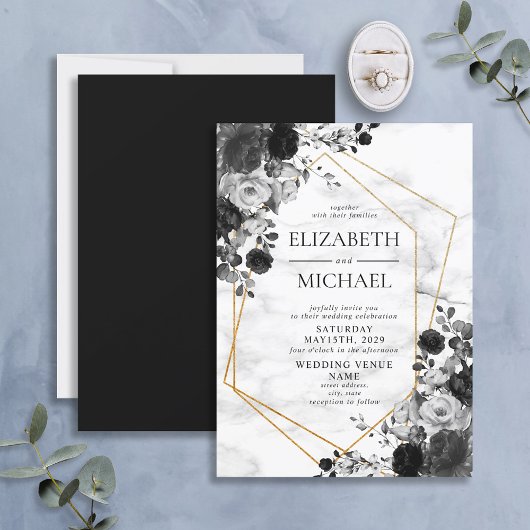 Black White Gold Geometric Marble Floral Wedding Kaart