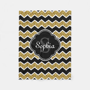 Black White Gold Glitter Chevron Pattern Fleece Deken