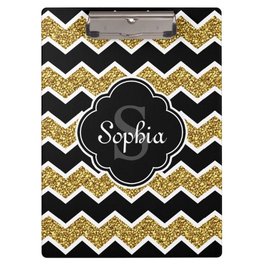Black White Gold Glitter Chevron Pattern Klembord (Voorkant)
