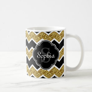 Black White Gold Glitter Chevron Pattern Koffiemok