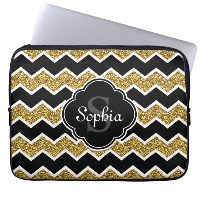 Black White Gold Glitter Chevron Pattern Laptop Sleeve (Voorkant)