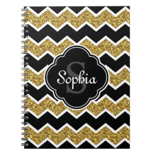 Black White Gold Glitter Chevron Pattern Notitieboek