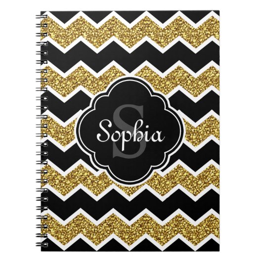 Black White Gold Glitter Chevron Pattern Notitieboek (Voorkant)