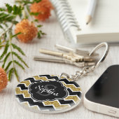 Black White Gold Glitter Chevron Pattern Sleutelhanger (Voorkant Rechts)