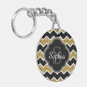 Black White Gold Glitter Chevron Pattern Sleutelhanger (Voorkant Links)