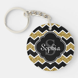 Black White Gold Glitter Chevron Pattern Sleutelhanger